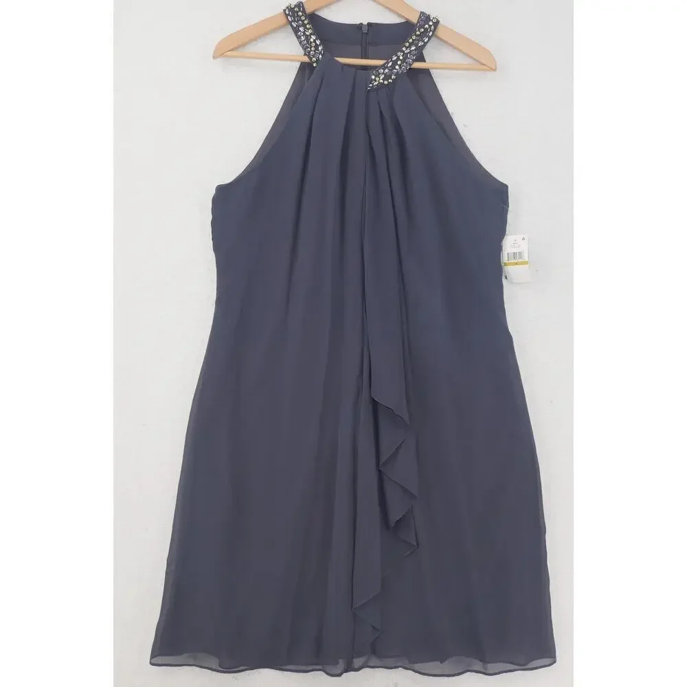 NEW SL Fashions Jewel Braid Halter Chiffon Dress Cocktail Formal Women's 14 - Picture 3 of 12